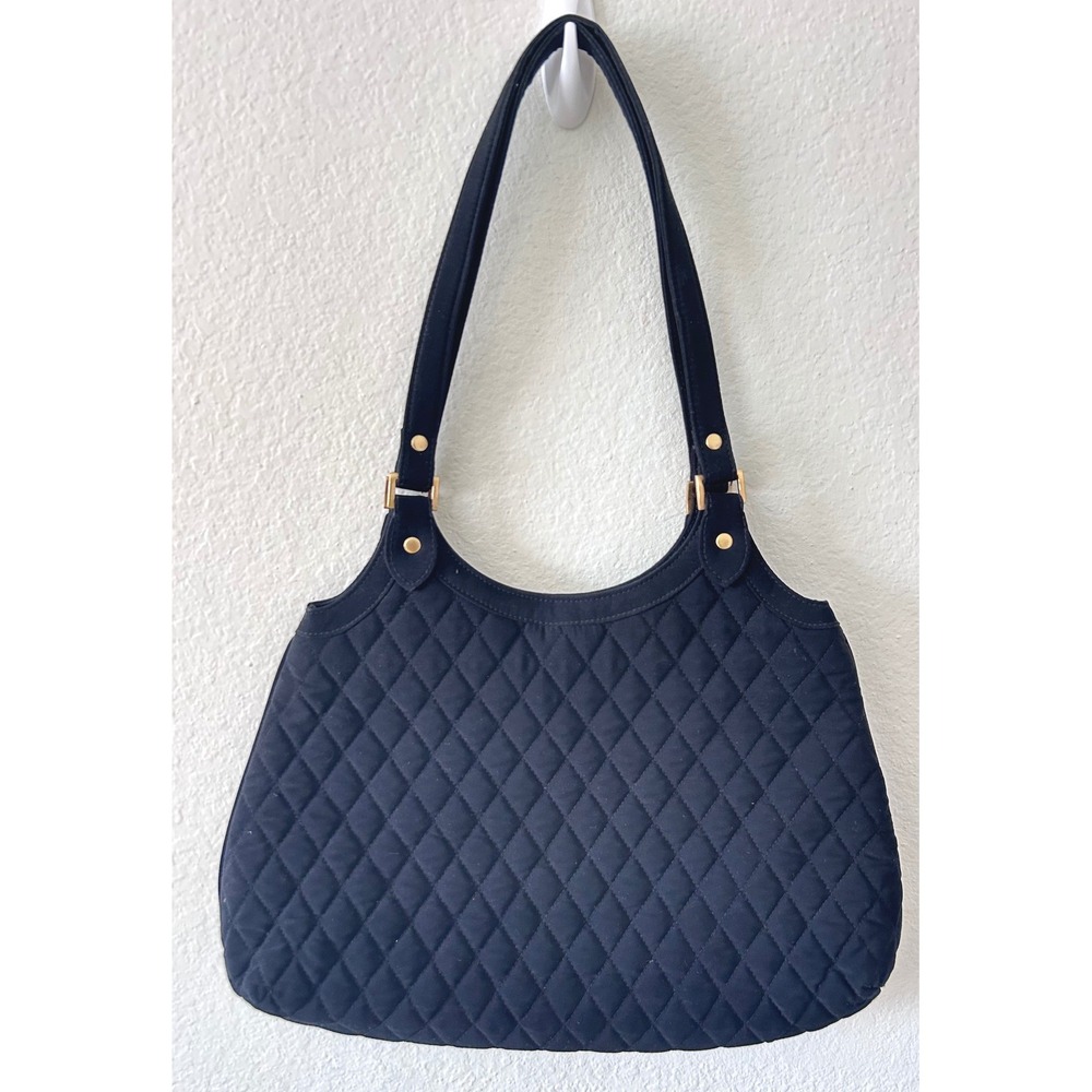 Vera Bradley Black Quilted Microfiber‎ Shoulder Bag Tote Gold Hardware Handbag